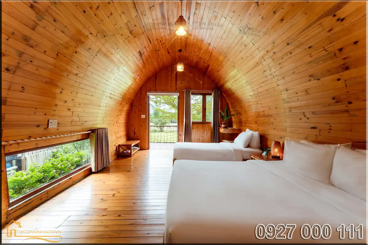 Hình ảnh nội thất nhà gỗ mái vòm Chày Lập farmstay