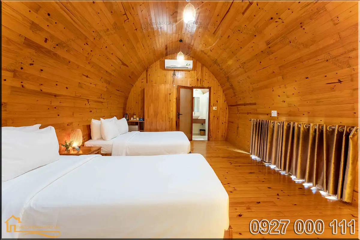 Hình ảnh nội thất nhà gỗ mái vòm Chày Lập farmstay