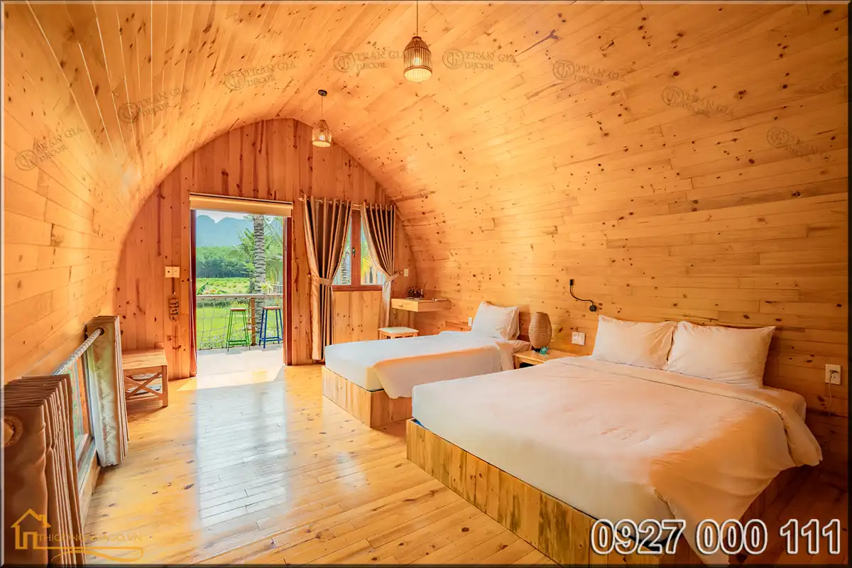 Hình ảnh nội thất nhà gỗ mái vòm Chày Lập farmstay