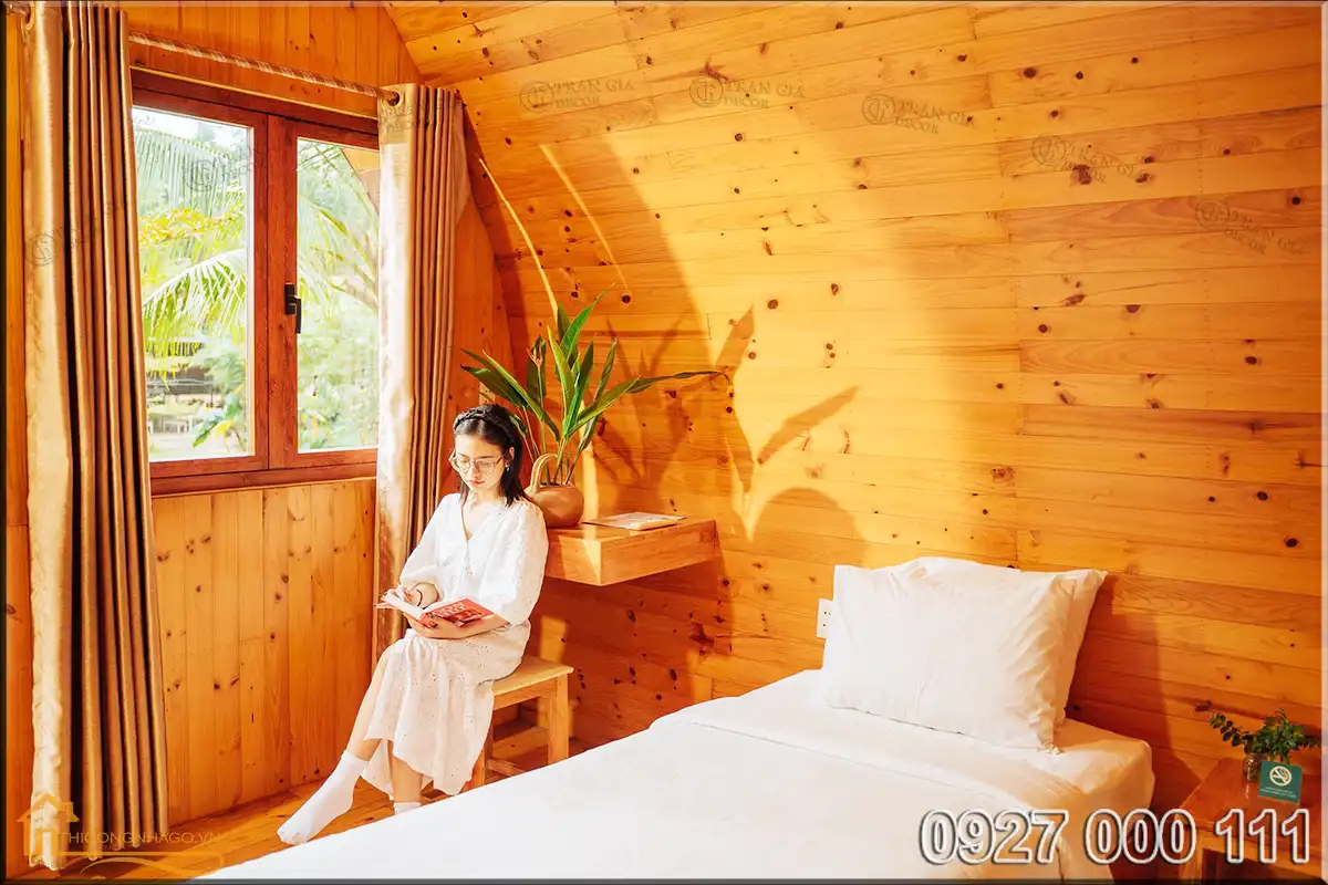 Hình ảnh nội thất nhà gỗ mái vòm Chày Lập farmstay